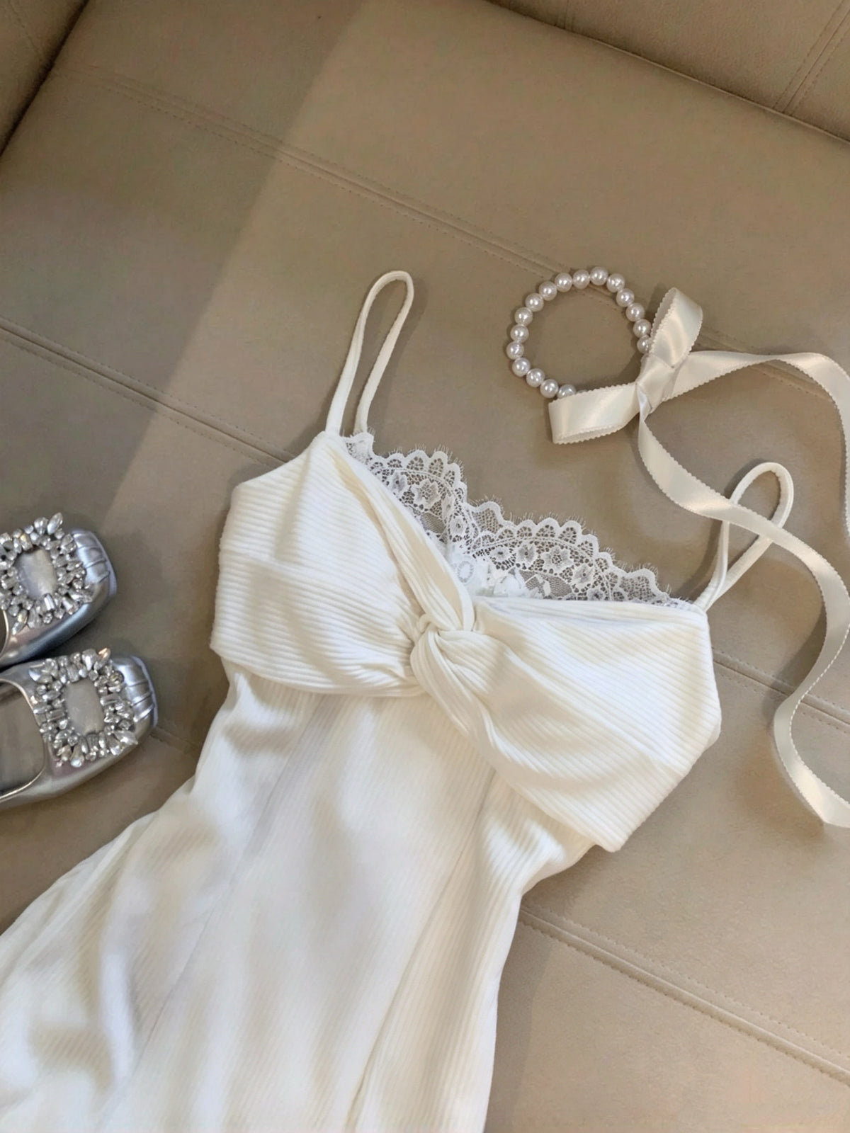 Chic White Spaghetti Straps Front Knot Lace A Line Short Homecoming Dress Birthday Dress With Cardigan Set AS3266