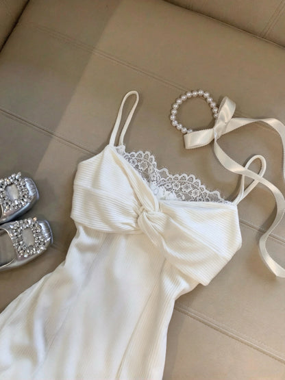 Chic White Spaghetti Straps Front Knot Lace A Line Short Homecoming Dress Birthday Dress With Cardigan Set AS3266