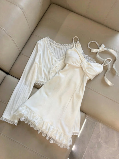 Chic White Spaghetti Straps Front Knot Lace A Line Short Homecoming Dress Birthday Dress With Cardigan Set AS3266