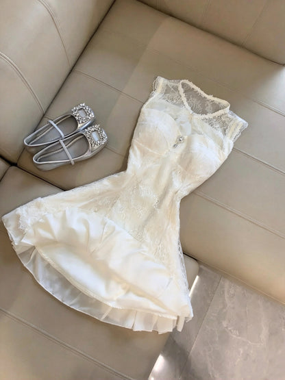Elegant Ivory Round Neck Sleeveless Floral Lace Sequin A-Line Short Homecoming Dress Birthday Dress AS3268