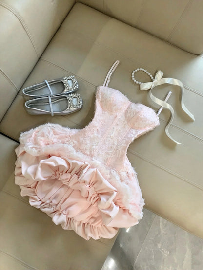 Dreamy Pink Spaghetti Straps Corset 3D Floral A-Line Short Homecoming Dress Birthday Dress AS3269