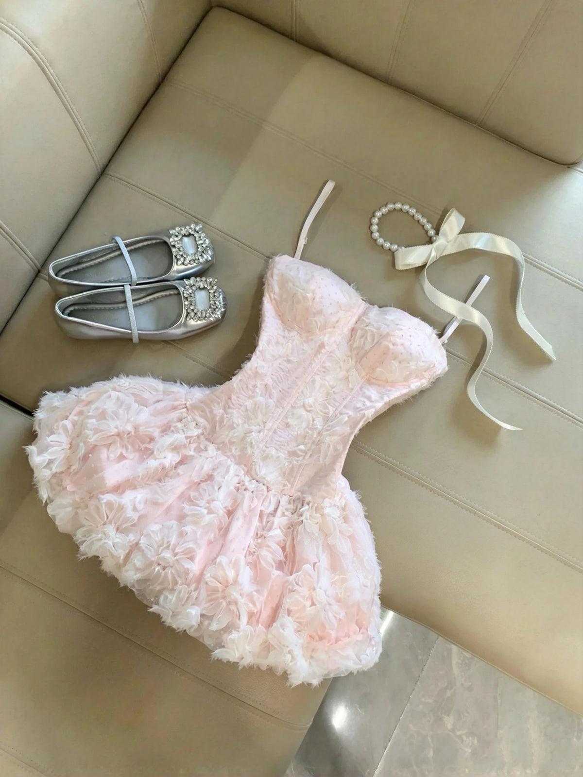 Dreamy Pink Spaghetti Straps Corset 3D Floral A-Line Short Homecoming Dress Birthday Dress AS3269