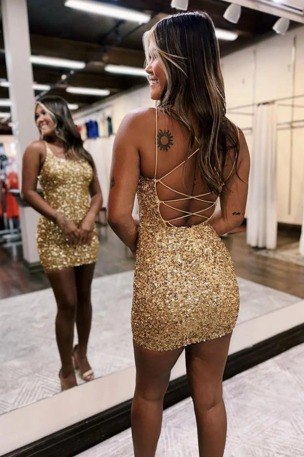 Gold Sequin Homecoming Dress With Spaghetti Straps And Fitted Silhouette AS327