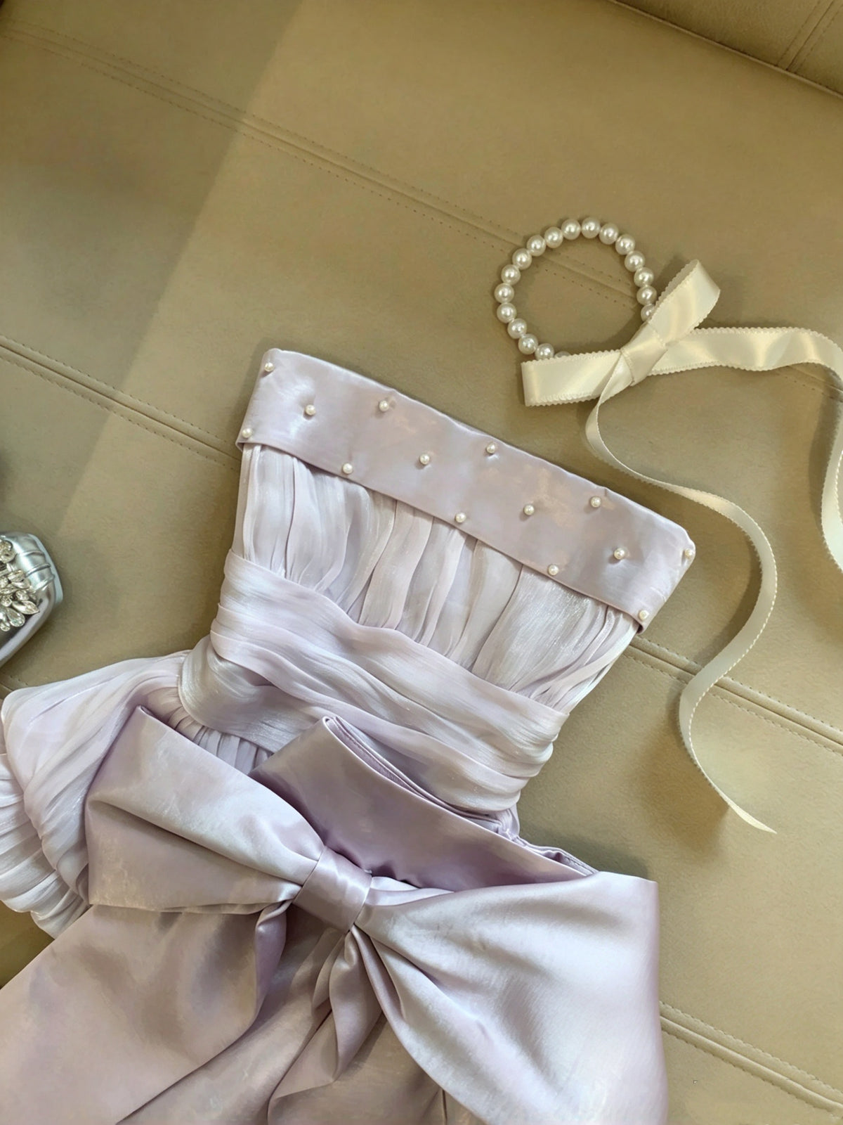 Gorgeous Lavender Strapless Pearl Bow Sheath Short Homecoming Dress Birthday Dress AS3270