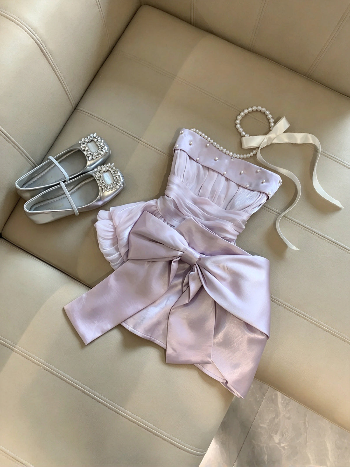 Gorgeous Lavender Strapless Pearl Bow Sheath Short Homecoming Dress Birthday Dress AS3270