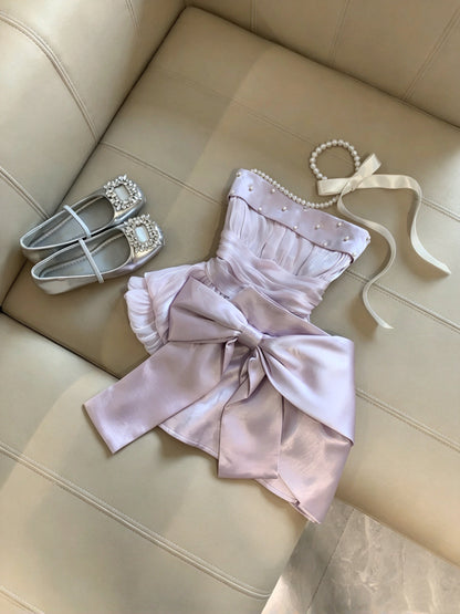 Gorgeous Lavender Strapless Pearl Bow Sheath Short Homecoming Dress Birthday Dress AS3270