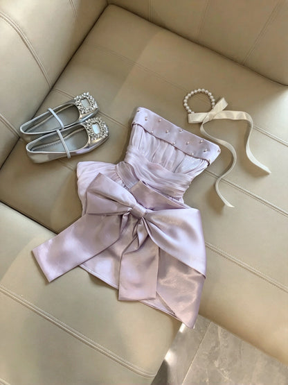 Gorgeous Lavender Strapless Pearl Bow Sheath Short Homecoming Dress Birthday Dress AS3270