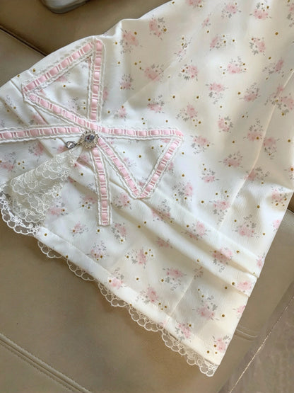 Sweet White Pink Floral Halter Neck Rhinestone Lace Trim Bow A-Line Short Homecoming Dress Birthday Dress AS3271