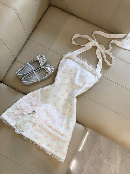 Sweet White Pink Floral Halter Neck Rhinestone Lace Trim Bow A-Line Short Homecoming Dress Birthday Dress AS3271