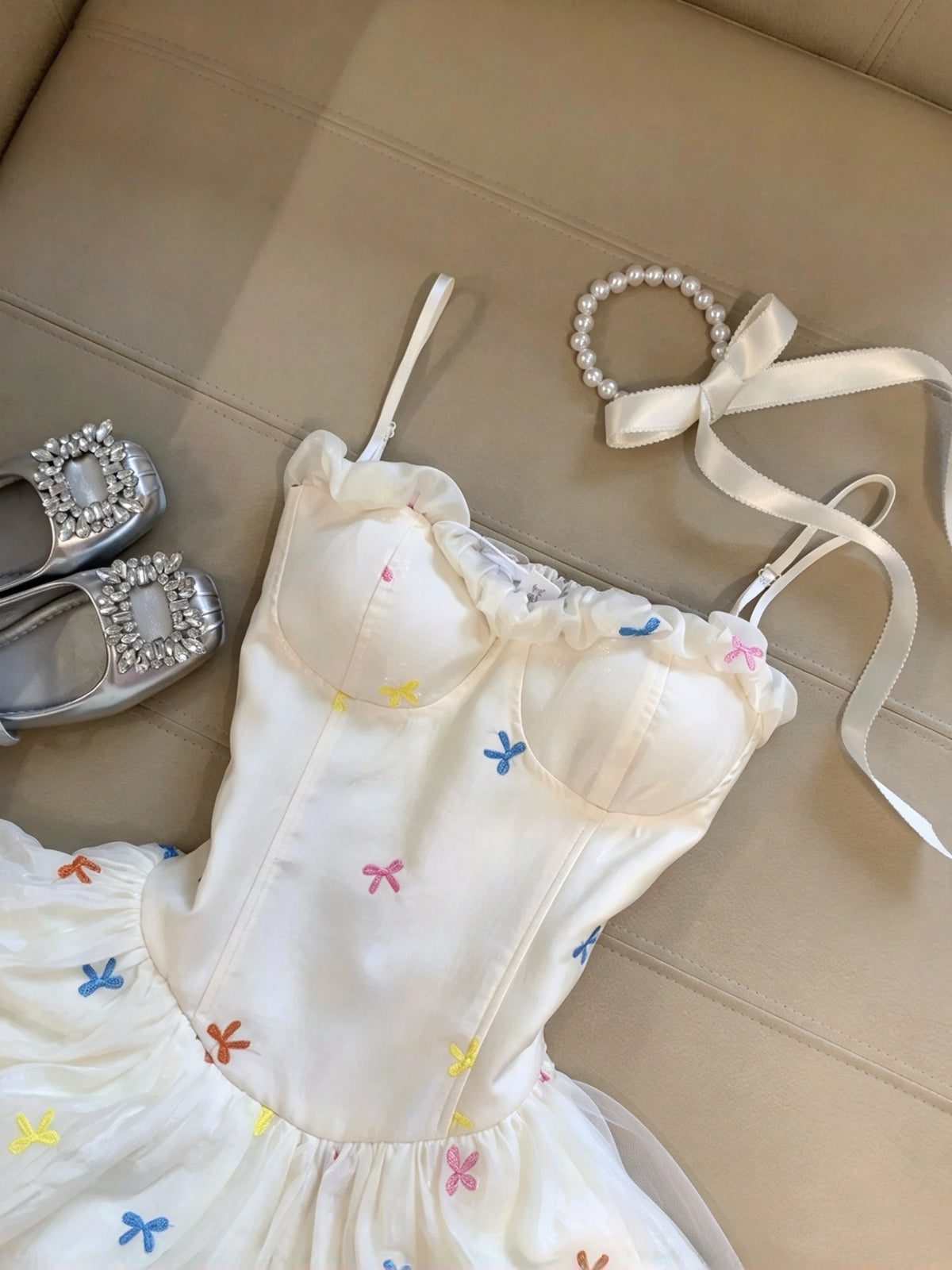 Whimsical Cream Spaghetti Straps Sweetheart Colorful Bow Embroidery A Line Short Homecoming Dress Birthday Dress AS3272