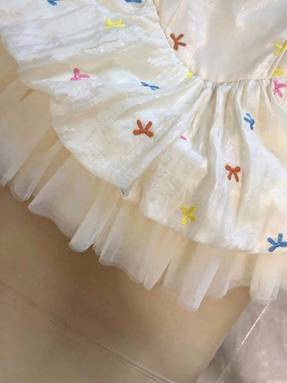 Whimsical Cream Spaghetti Straps Sweetheart Colorful Bow Embroidery A Line Short Homecoming Dress Birthday Dress AS3272