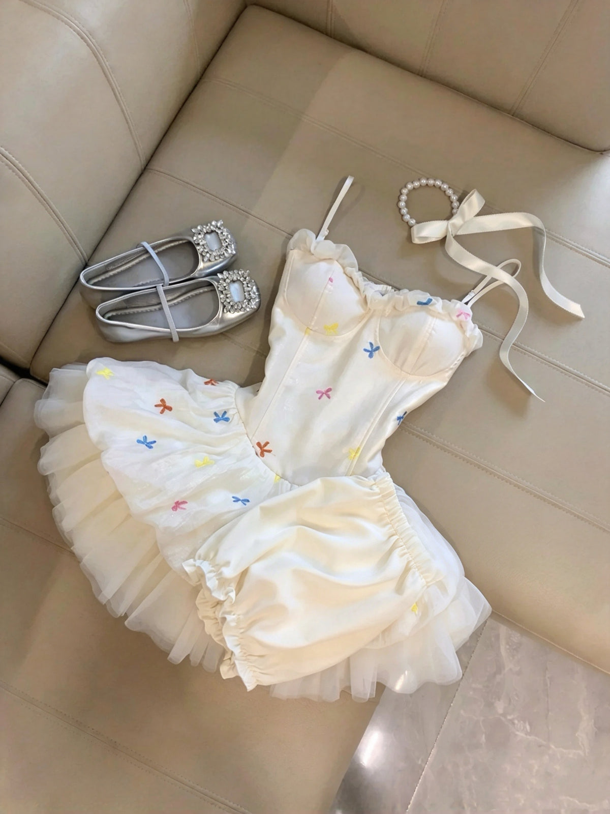 Whimsical Cream Spaghetti Straps Sweetheart Colorful Bow Embroidery A Line Short Homecoming Dress Birthday Dress AS3272