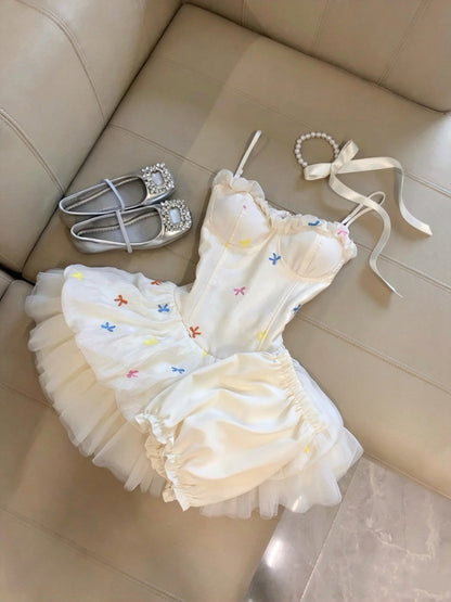 Whimsical Cream Spaghetti Straps Sweetheart Colorful Bow Embroidery A Line Short Homecoming Dress Birthday Dress AS3272