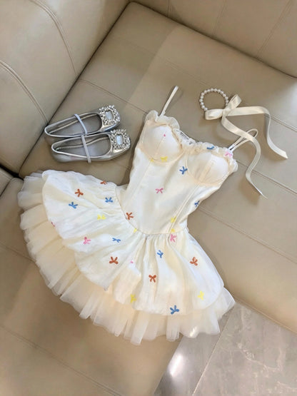 Whimsical Cream Spaghetti Straps Sweetheart Colorful Bow Embroidery A Line Short Homecoming Dress Birthday Dress AS3272