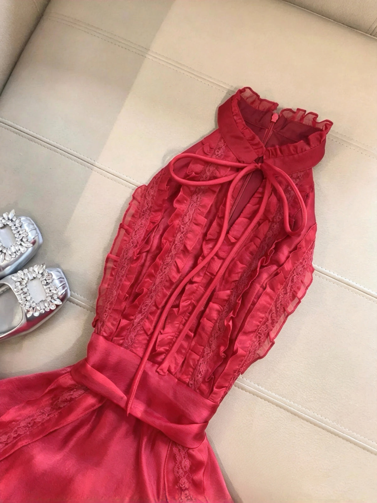 Bold Red Halter Keyhole Neck Bow Ruffled Lace A Line Short Homecoming Dress Birthday Dress AS3274