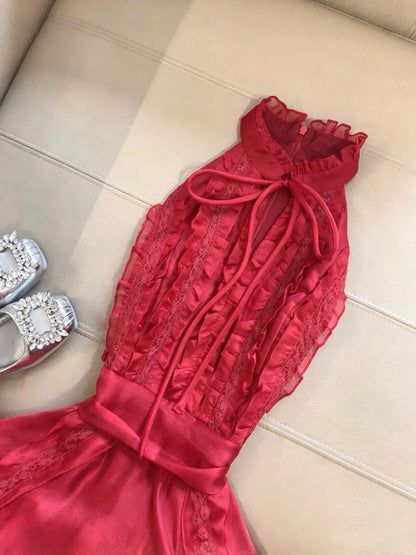 Bold Red Halter Keyhole Neck Bow Ruffled Lace A Line Short Homecoming Dress Birthday Dress AS3274