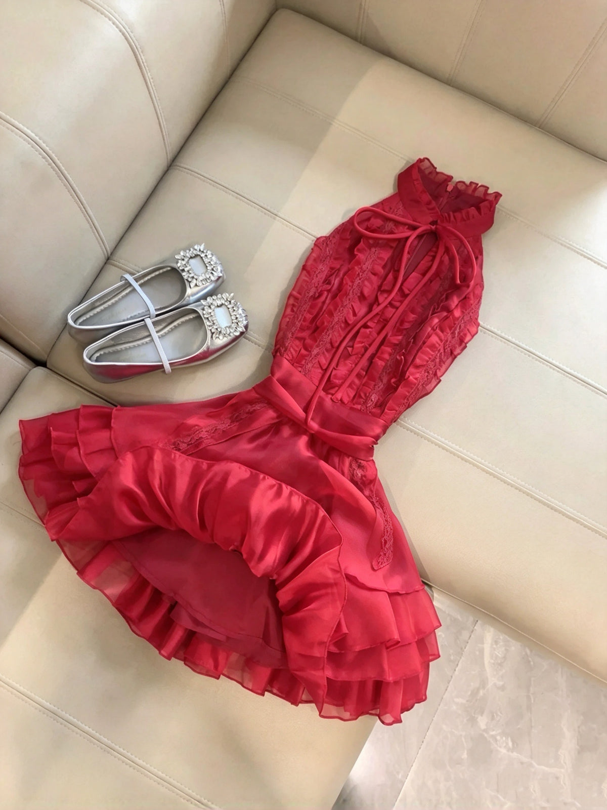 Bold Red Halter Keyhole Neck Bow Ruffled Lace A Line Short Homecoming Dress Birthday Dress AS3274