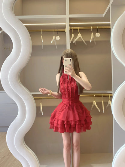 Bold Red Halter Keyhole Neck Bow Ruffled Lace A Line Short Homecoming Dress Birthday Dress AS3274