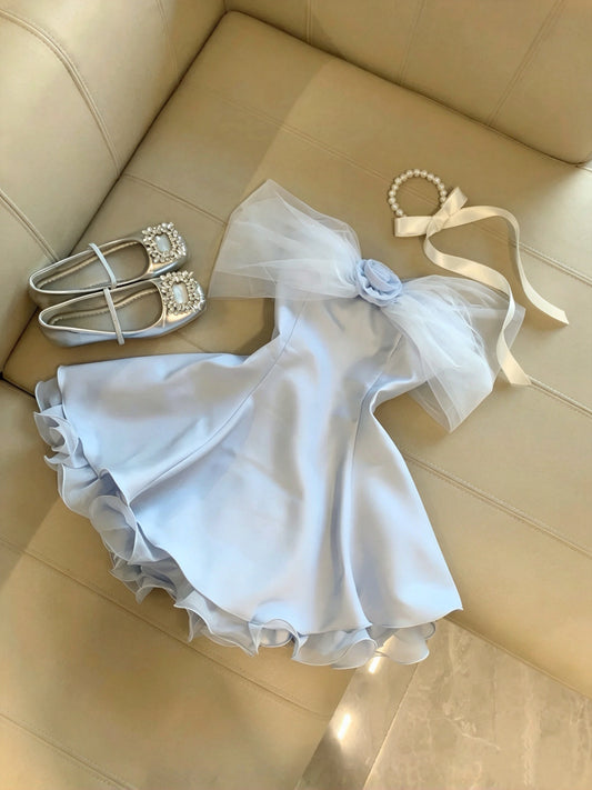 Airy Light Blue Off Shoulder Tulle Bow Rose A-Line Short Homecoming Dress Birthday Dress AS3276