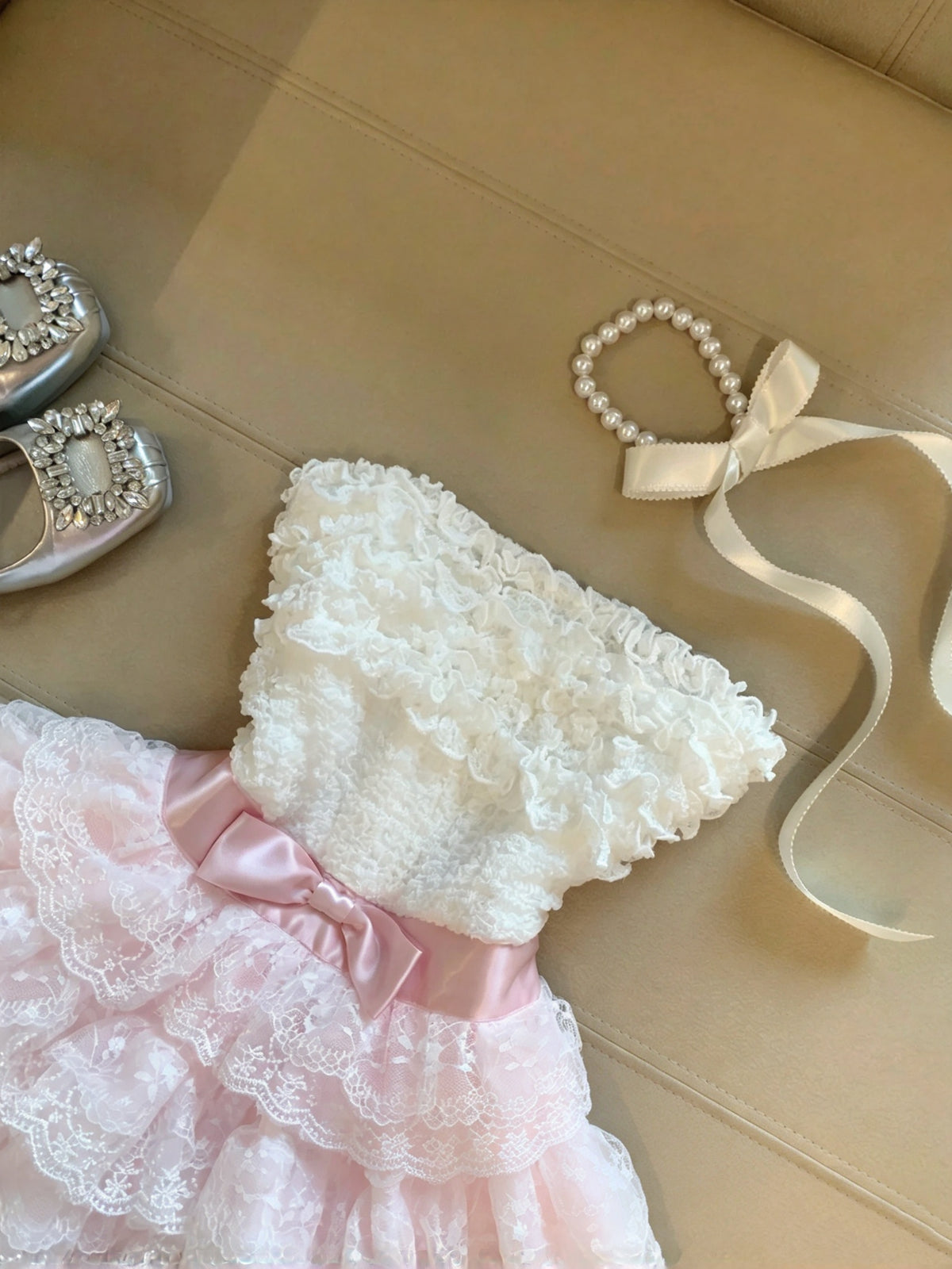 Sweet White Pink Strapless Bow Lace Ruffled A Line Short Homecoming Dress Birthday Dress AS3278