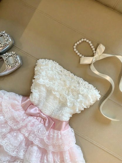 Sweet White Pink Strapless Bow Lace Ruffled A Line Short Homecoming Dress Birthday Dress AS3278