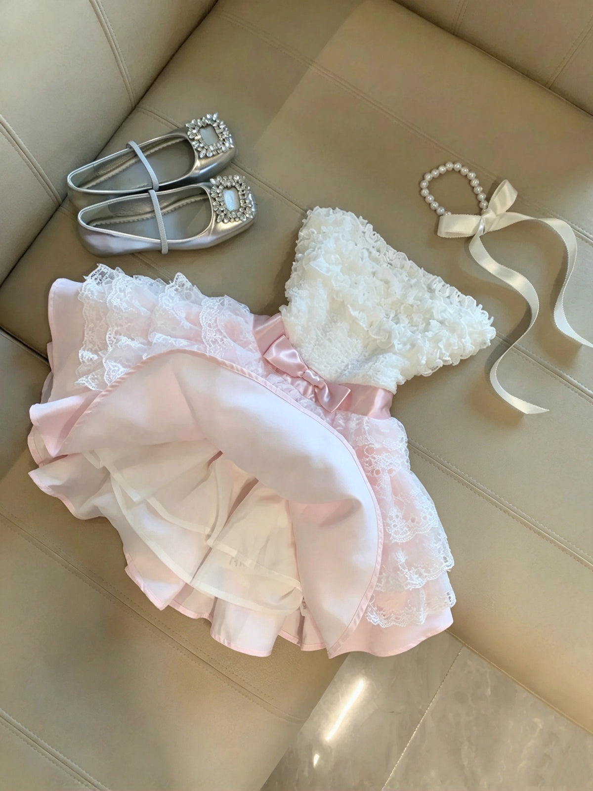 Sweet White Pink Strapless Bow Lace Ruffled A Line Short Homecoming Dress Birthday Dress AS3278