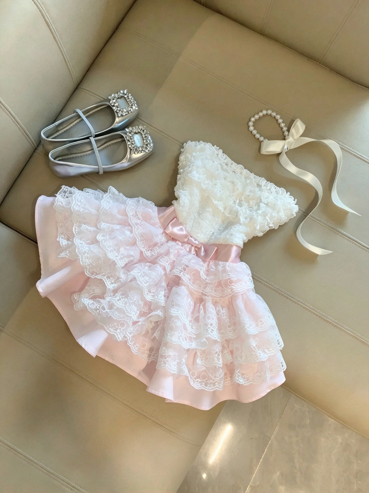 Sweet White Pink Strapless Bow Lace Ruffled A Line Short Homecoming Dress Birthday Dress AS3278