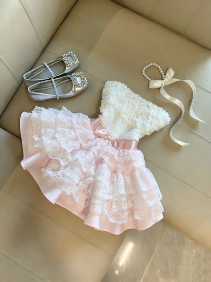 Sweet White Pink Strapless Bow Lace Ruffled A Line Short Homecoming Dress Birthday Dress AS3278
