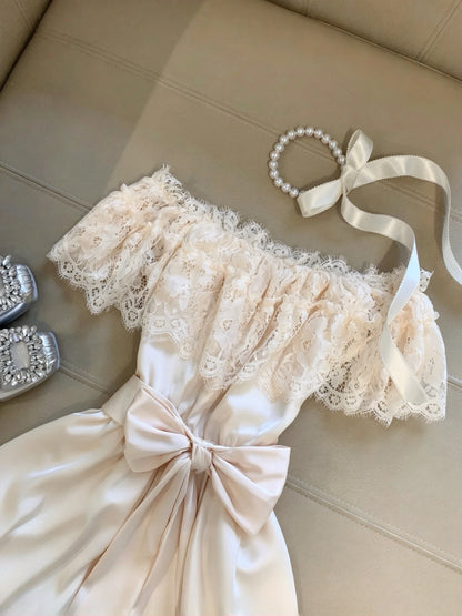 Elegant Champagne Off Shoulder Bow Lace A-Line Short Homecoming Dress Birthday Dress AS3279
