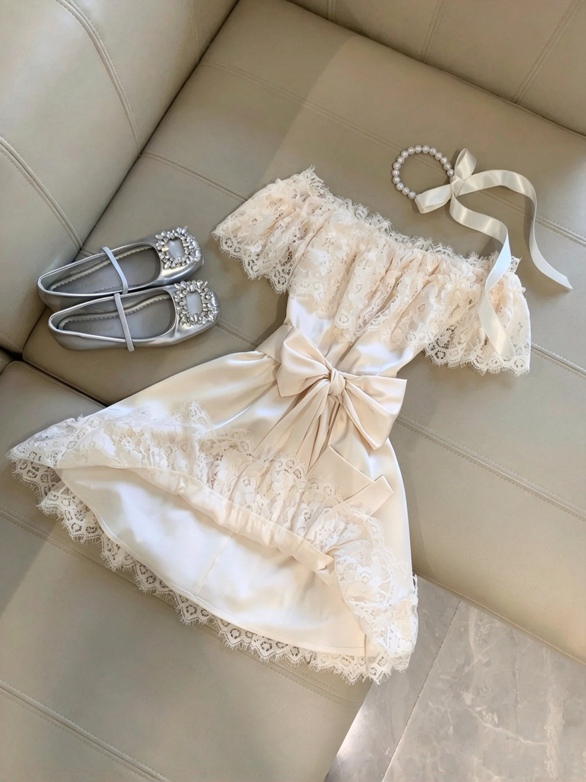 Elegant Champagne Off Shoulder Bow Lace A-Line Short Homecoming Dress Birthday Dress AS3279