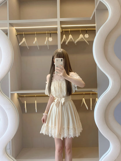 Elegant Champagne Off Shoulder Bow Lace A-Line Short Homecoming Dress Birthday Dress AS3279