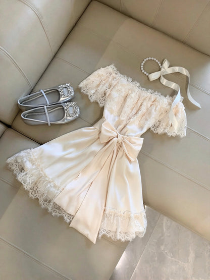 Elegant Champagne Off Shoulder Bow Lace A-Line Short Homecoming Dress Birthday Dress AS3279