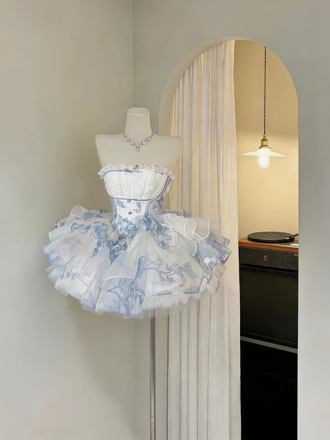 Chic White Blue Floral Print Strapless A Line Short Homecoming Dress Birthday Dress AS3282