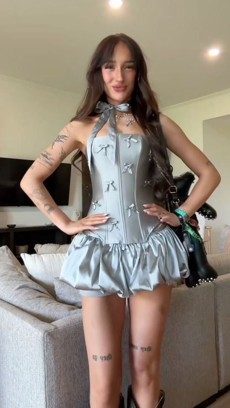 Glam Silver Strapless Satin Bow Corset Bubble Short Homecoming Dress Birthday Dress AS3290