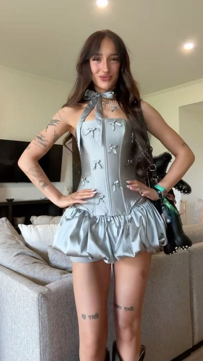 Glam Silver Strapless Satin Bow Corset Bubble Short Homecoming Dress Birthday Dress AS3290