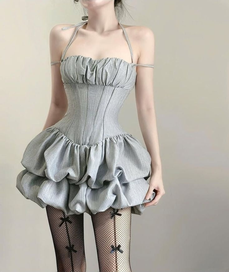 Chic Grey Halter Ruched Corset Bubble A Line Short Homecoming Dress Birthday Dress AS3291