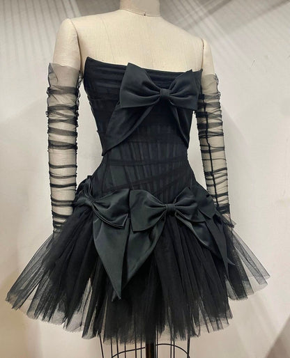 Edgy Black White Strapless Corset Big Bow Tulle A Line Short Homecoming Dress AS3292