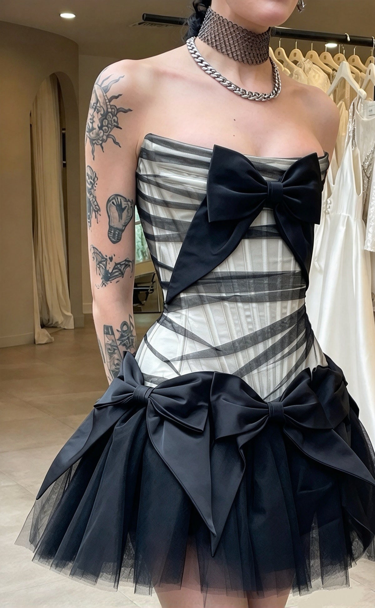 Edgy Black White Strapless Corset Big Bow Tulle A Line Short Homecoming Dress AS3292