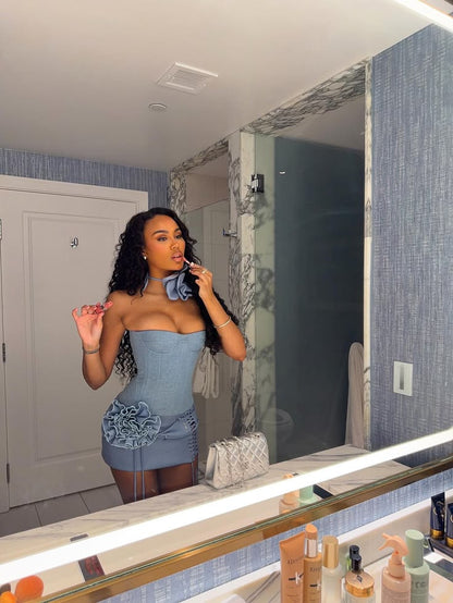 Chic Light Blue Strapless Corset 3D Ruffle Flower Lace Up Mini Bodycon Skirt Set Homecoming Dress Birthday Dress AS3293