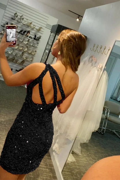 Glitter Black One-Shoulder Sequin Homecoming Dress With Fitted Skirt AS330