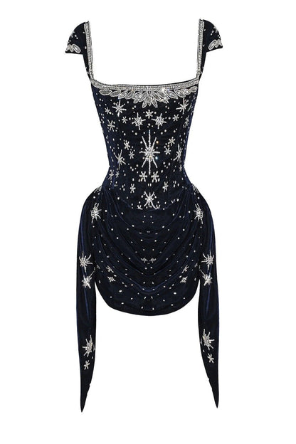 Stunning Navy Square Neck Star Rhinestone Draped Bodycon Short Homecoming Dress Birthday Party Dress AS3301