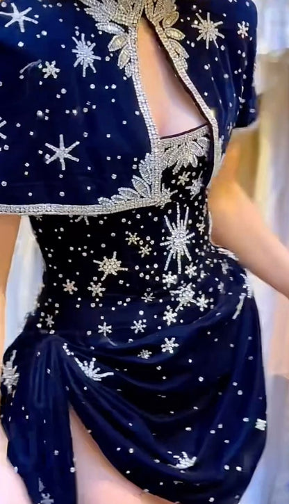 Opulent Navy High Neck Star Rhinestone Draped Corset Bodycon Short Homecoming Dress Birthday Party Dress AS3302
