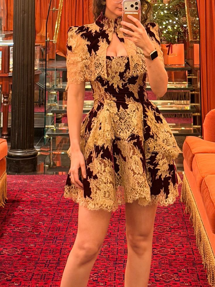 Vintage Black Square Strap Gold Floral Lace A Line Short Homecoming Dress With High Neck Cape AS3304