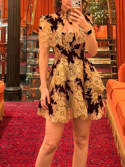Vintage Black Square Strap Gold Floral Lace A Line Short Homecoming Dress With High Neck Cape AS3304