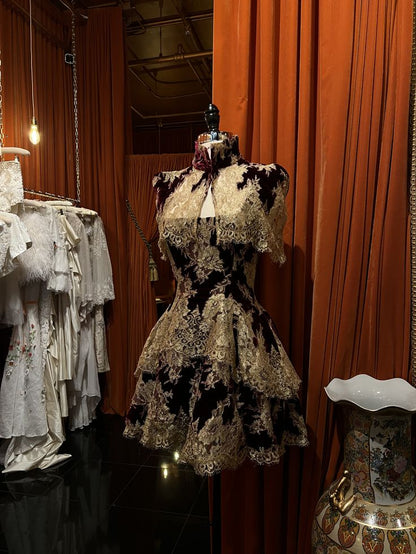 Vintage Black Square Strap Gold Floral Lace A Line Short Homecoming Dress With High Neck Cape AS3304