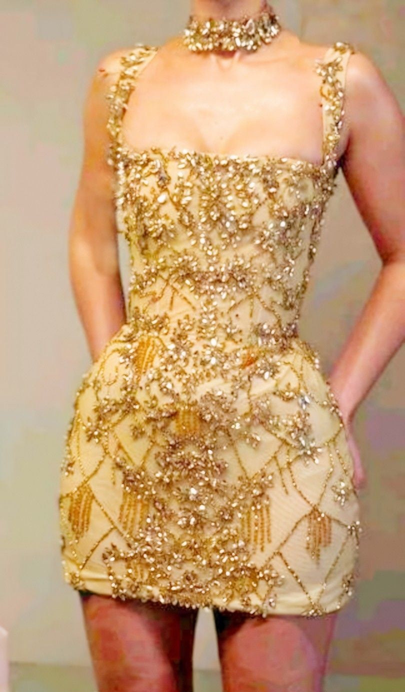 Luxury Champagne Square Neck Strap Beaded Bodycon Short Homecoming Dress Birthday Party Dress AS3306