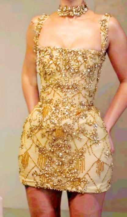 Luxury Champagne Square Neck Strap Beaded Bodycon Short Homecoming Dress Birthday Party Dress AS3306