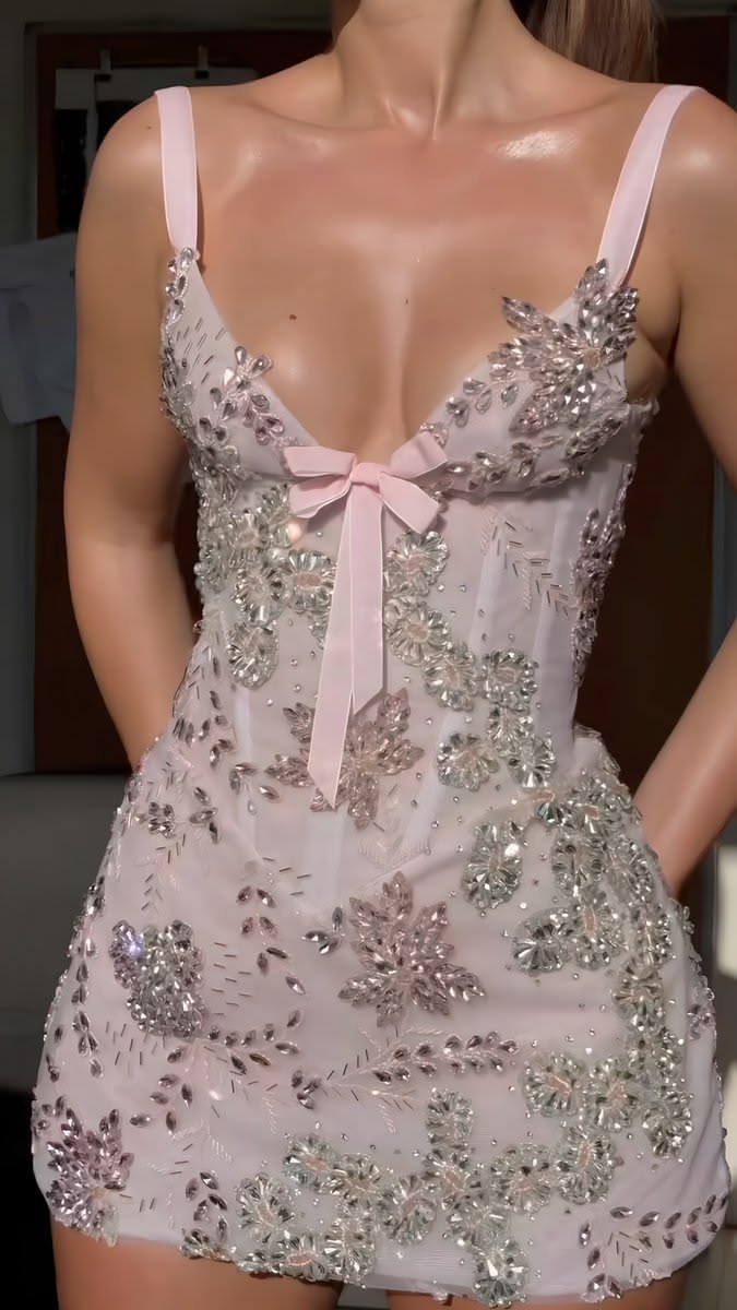 Sweet Pink Spaghetti Straps V-Neck Bow Rhinestone Beaded A Line Short Homecoming Dress Birthday Dress AS3311