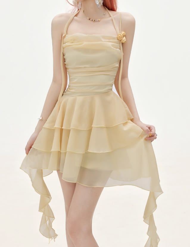 Chic Pale Yellow Halter 3D Rose Ruched A Line Short Homecoming Dress Birthday Dress AS3317