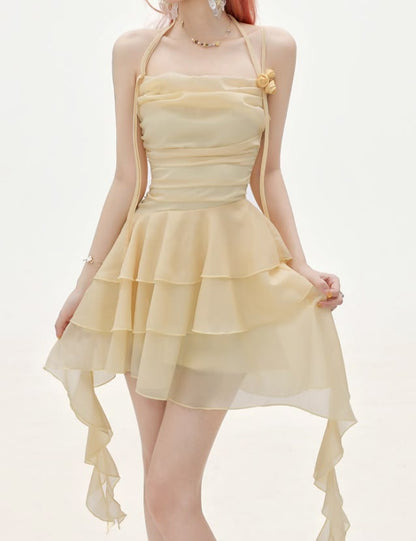 Chic Pale Yellow Halter 3D Rose Ruched A Line Short Homecoming Dress Birthday Dress AS3317